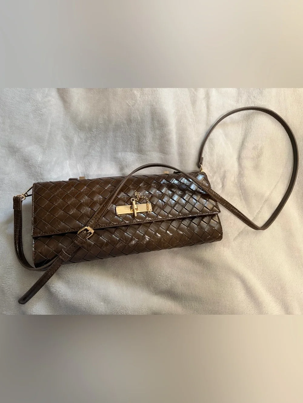 Aldo Brown Woven Leather Clutch with Gold-Tone Turn Lock